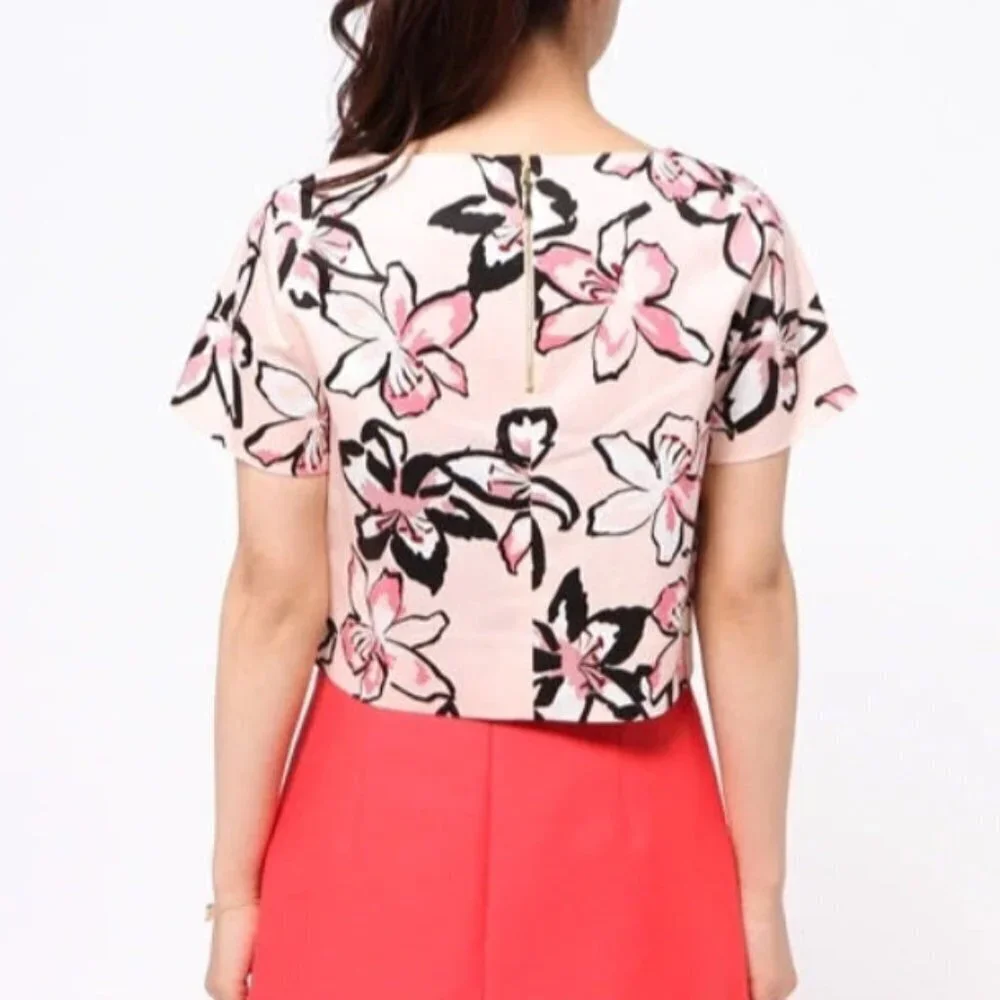 Kate Spade Tiger Lilly Floral Crop Top Womens Small Pink Cotton Short Sleeve